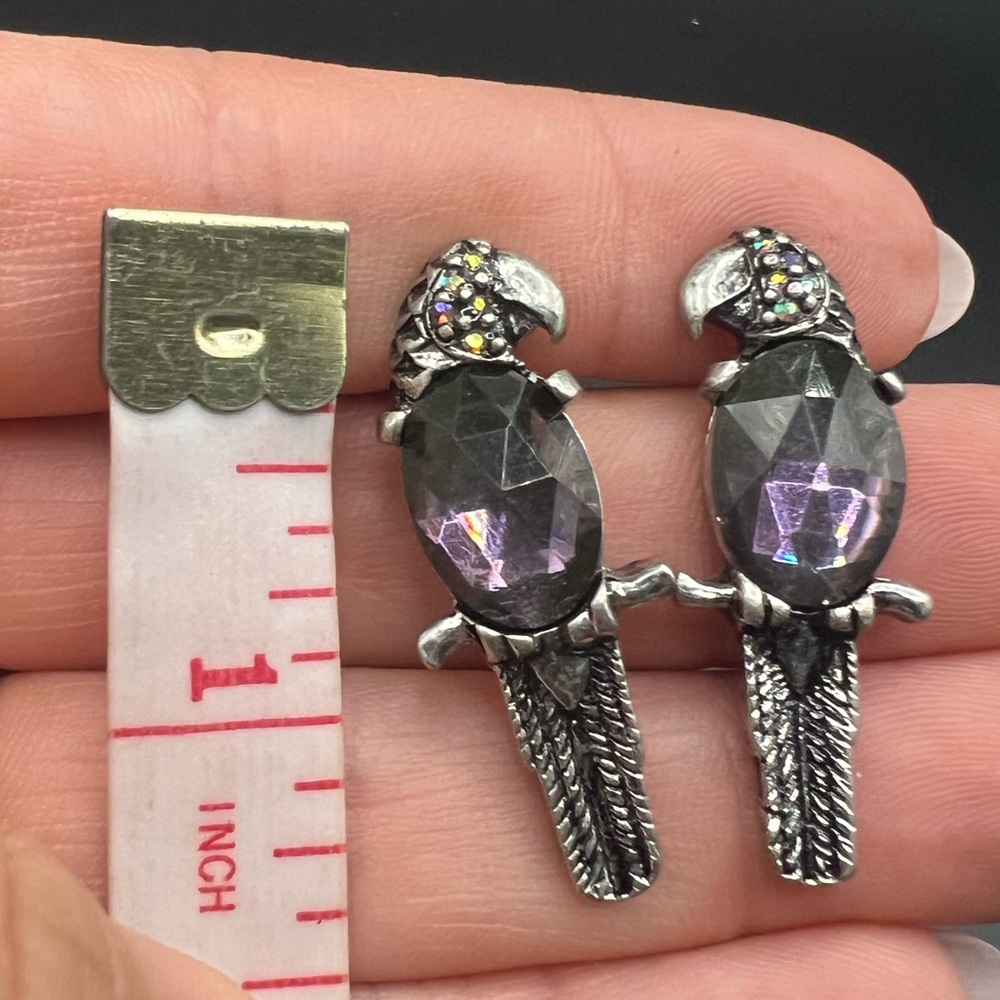 Chico’s Silver Tone and Purple Rhinestone Parrot Earrings - Picture 3 of 3